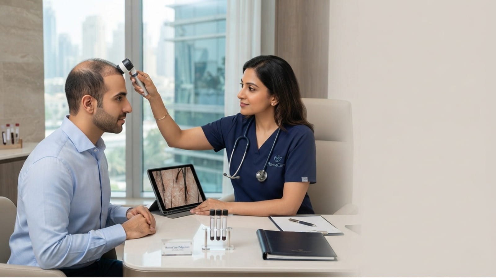 Clinician examining a patient's scalp to assess hair thinning in Dubai